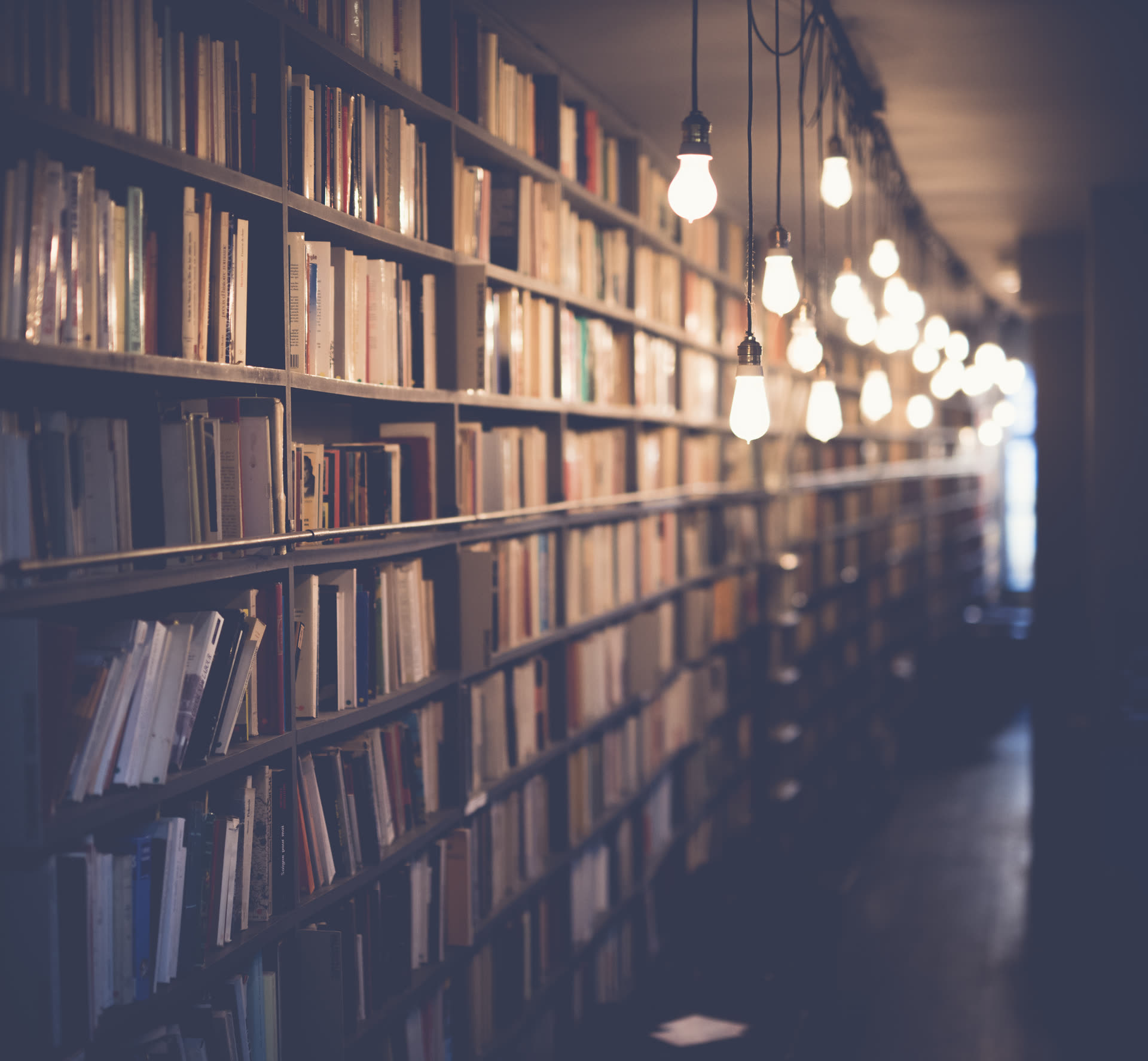 Crowded bookshelves in a small shop, spines packed to the ceiling under blurred warm light.